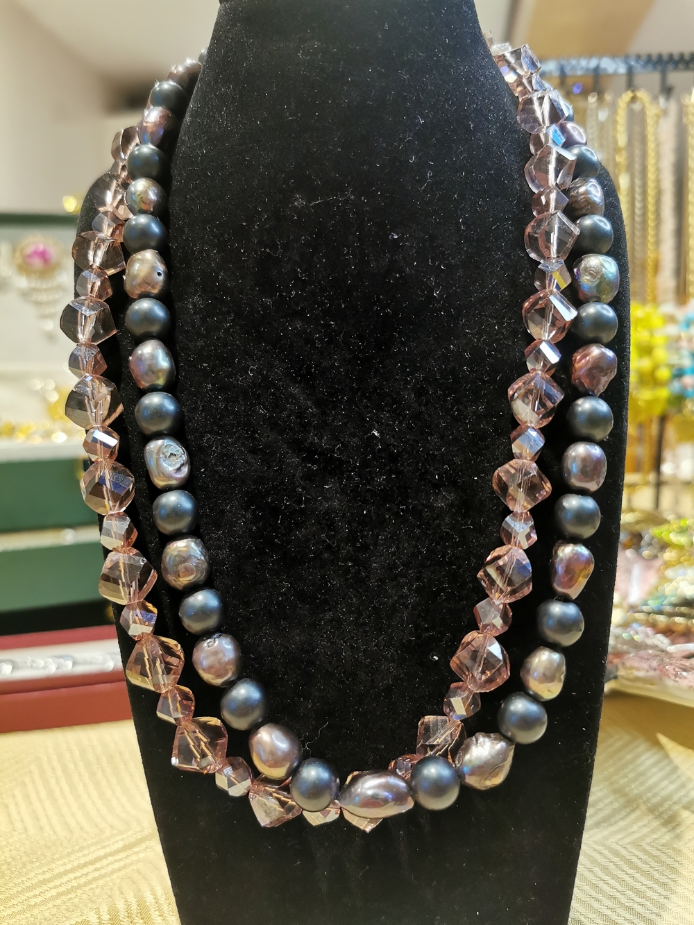 Vintage Real Baroque Black Pearl & Mauve  Crystal Double Strand Necklace